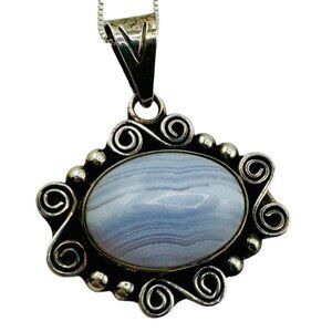 Vintage Sterling Silver CII Mexico Blue Lace Agate Pendant Necklace Ornate